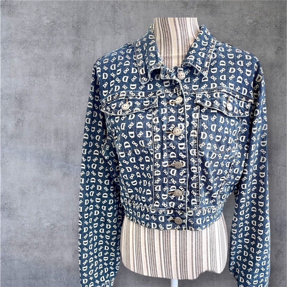 R.V.T. denim jacket, size L, jumbled monogram, cropped, vintage, excellent shape